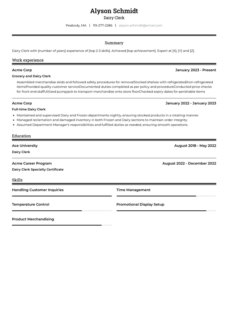 Dairy Clerk Resume Sample and Template