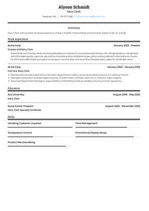 Dairy Clerk Resume Sample and Template