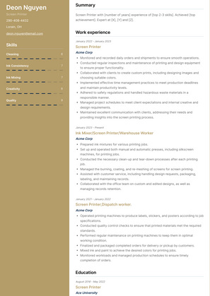 Screen Printer Resume Sample and Template