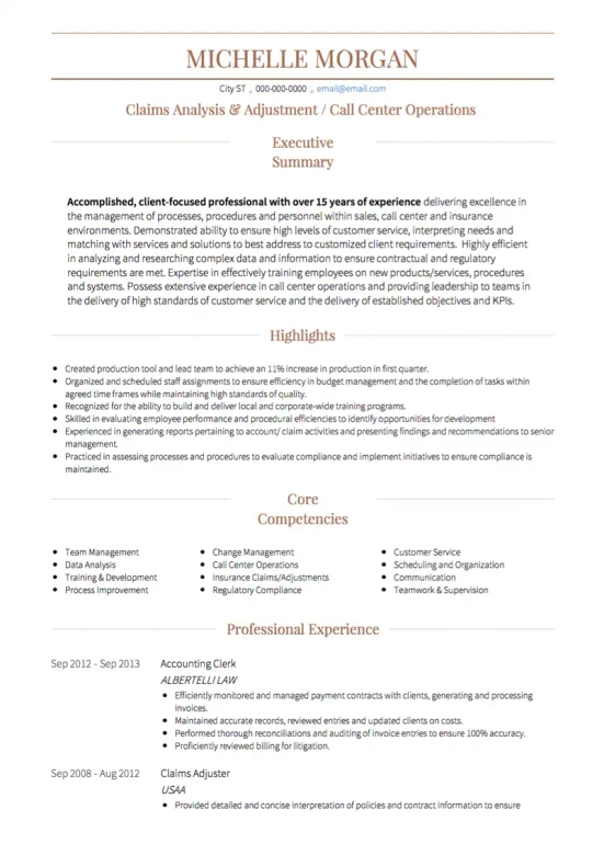 resume format for fresher call center job