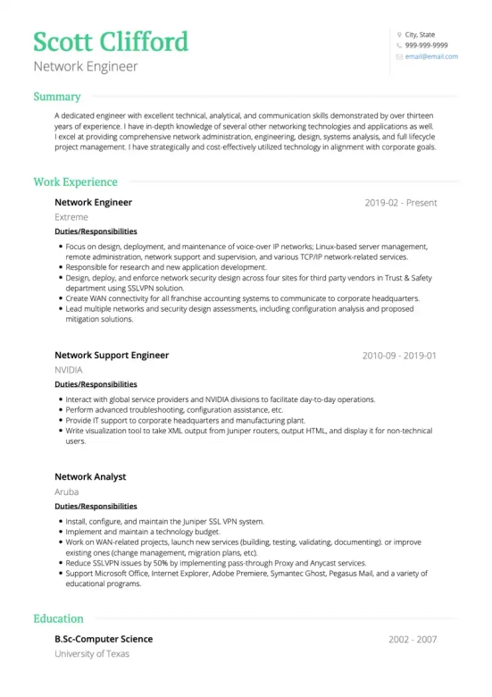 network resume skills