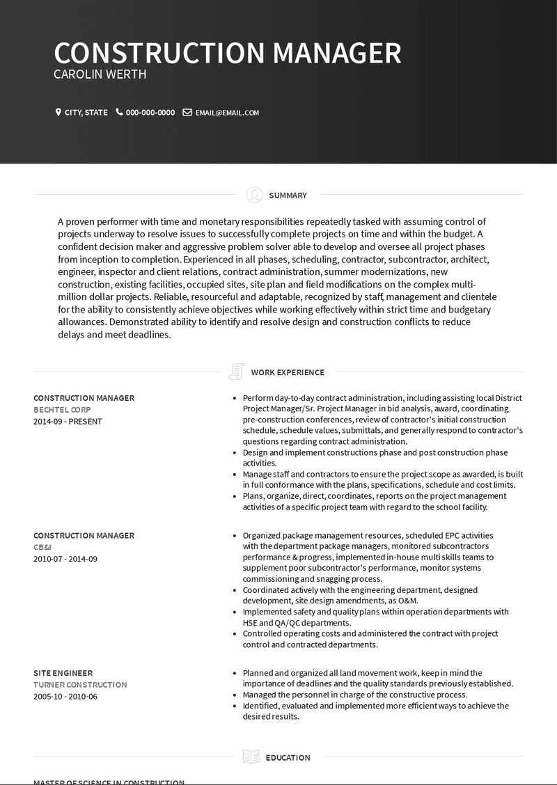 construction management resume duties