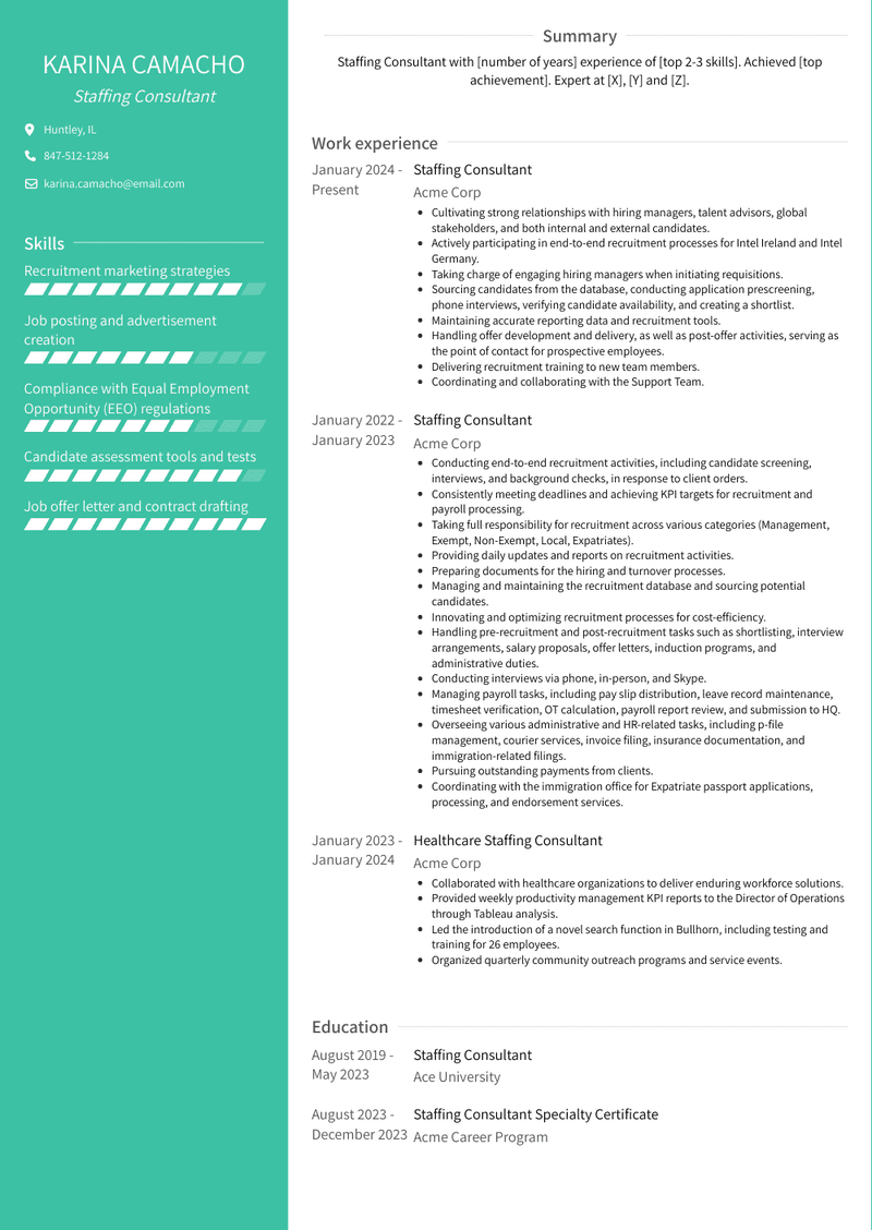 Staffing Consultant Resume Sample and Template