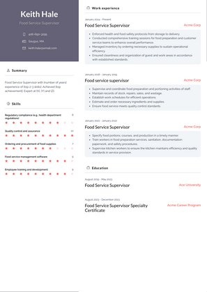 Food Service Supervisor Resume Sample and Template