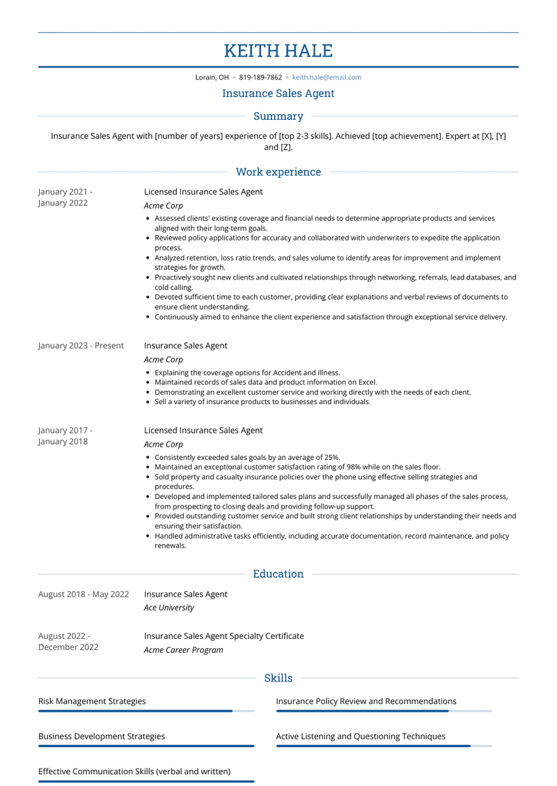 Insurance Sales Agent Resume Sample and Template