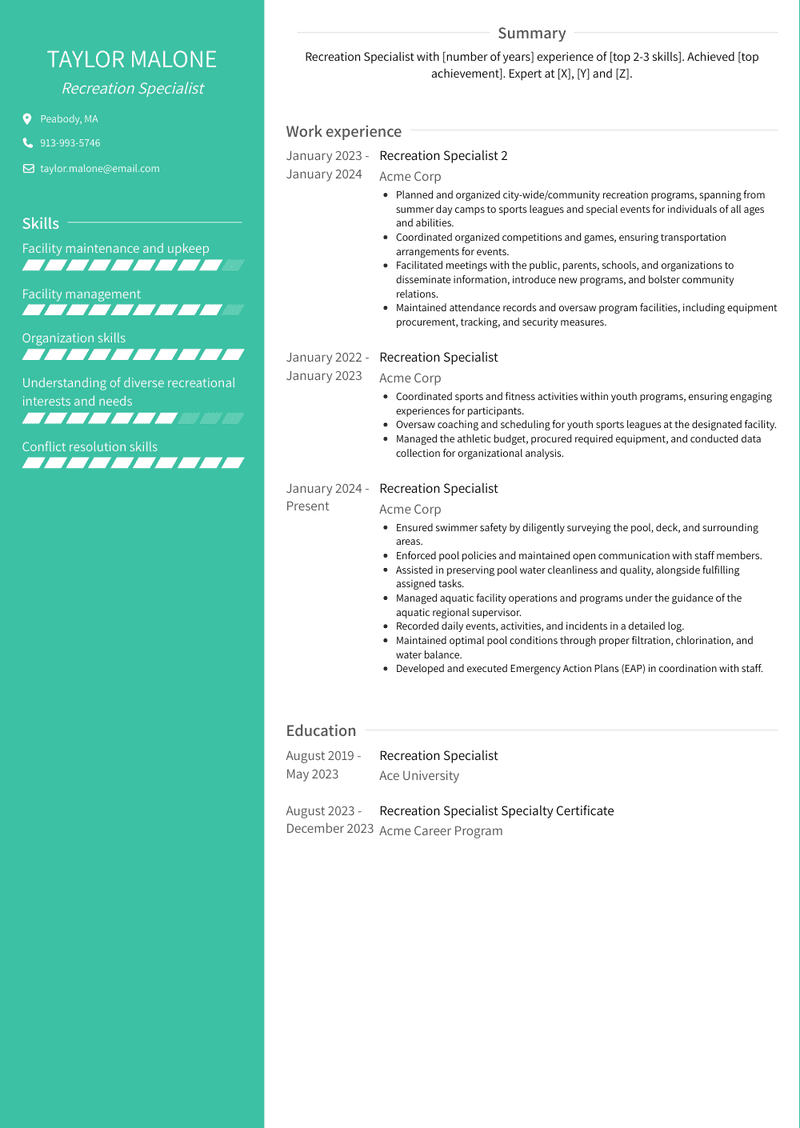 Recreation Specialist Resume Sample and Template