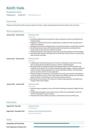 Production Artist Resume Sample and Template