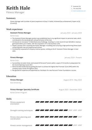 Fitness Manager Resume Sample and Template