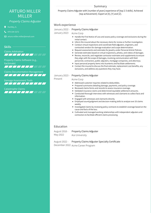 Property Claims Adjuster Resume Sample and Template
