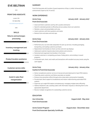 Front End Associate Resume Sample and Template