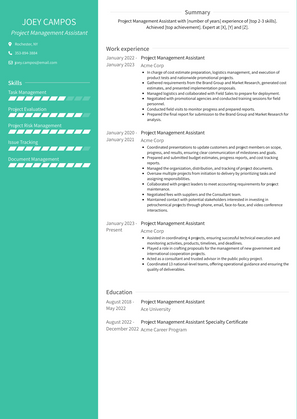 Project Management Assistant Resume Sample and Template