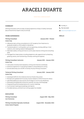 Writing Consultant Resume Sample and Template