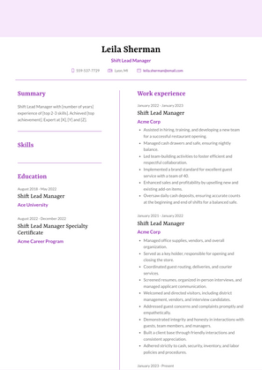 Shift Lead Manager Resume Sample and Template