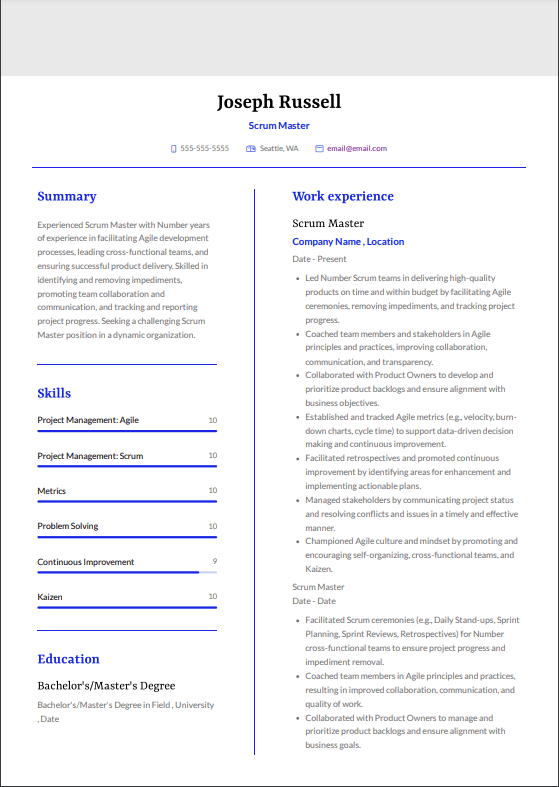 scrum master resume example