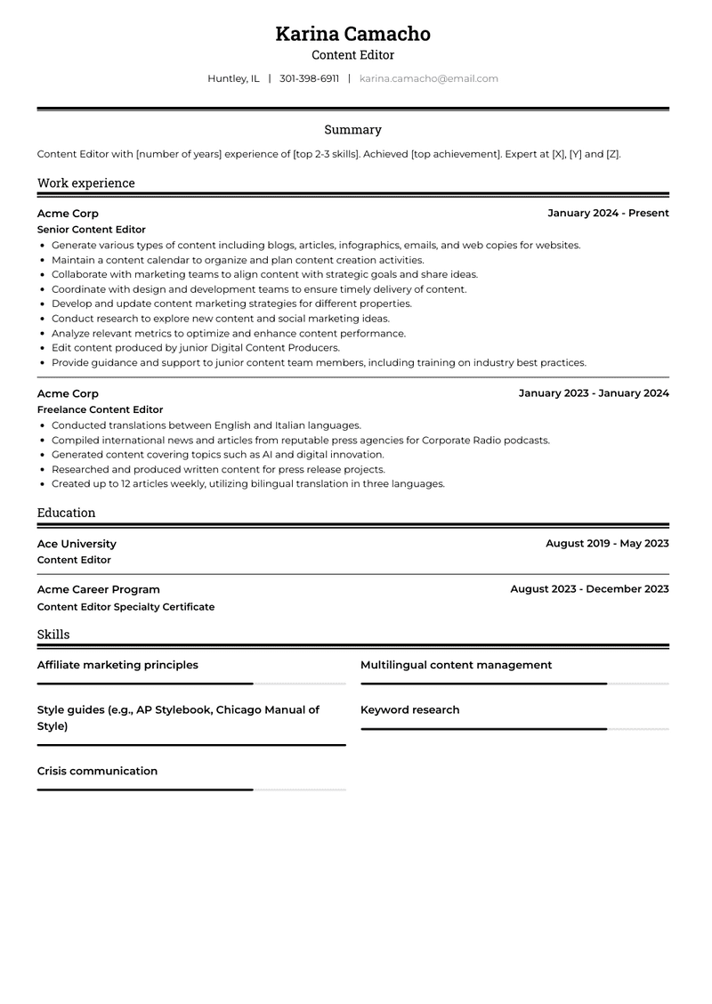 Content Editor Resume Sample and Template