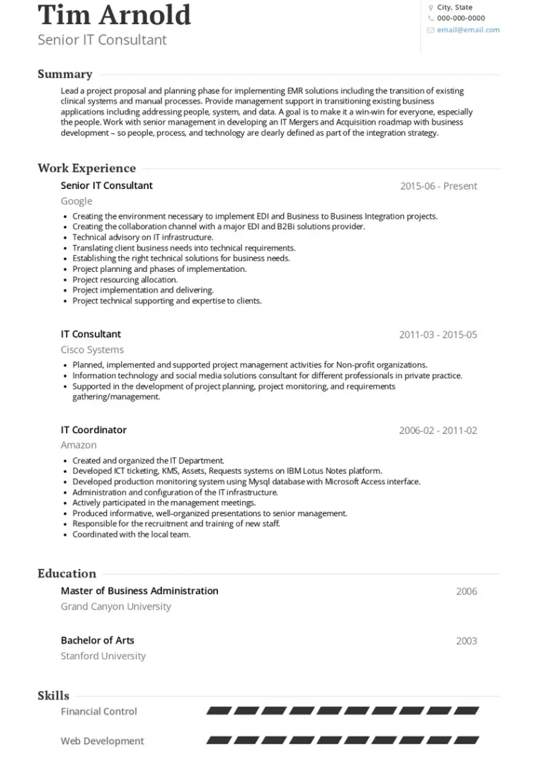 Senior IT Consultant Resume Example