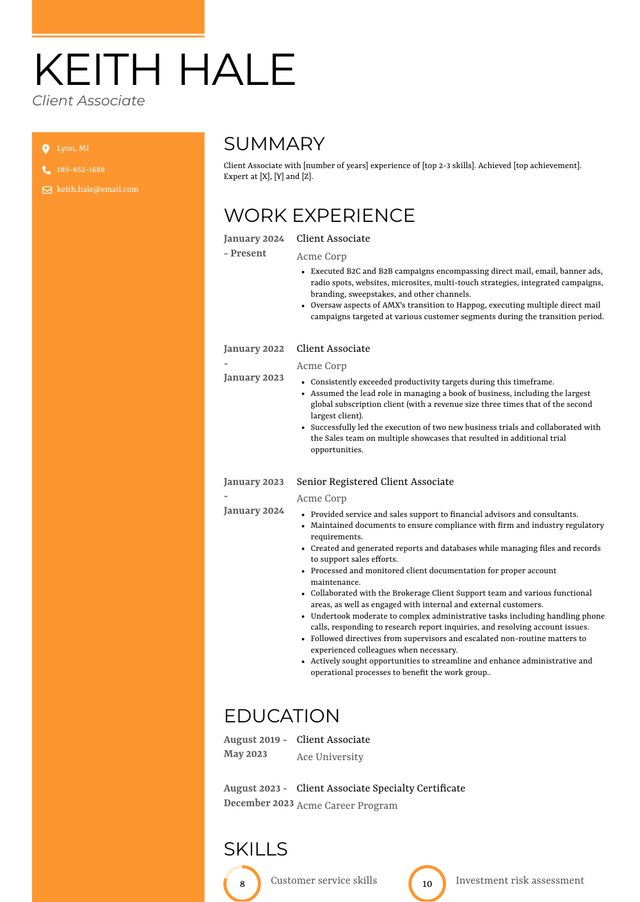 10+ Client Associate Resume Ex. (Ex. stands for Examples)