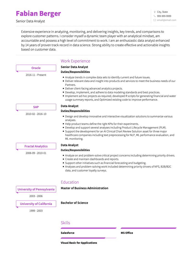 Senior Data Analyst CV Example and Template