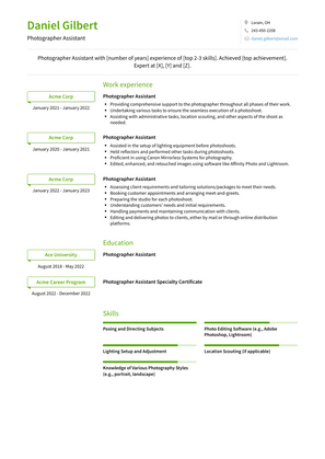 Photographer Assistant Resume Sample and Template