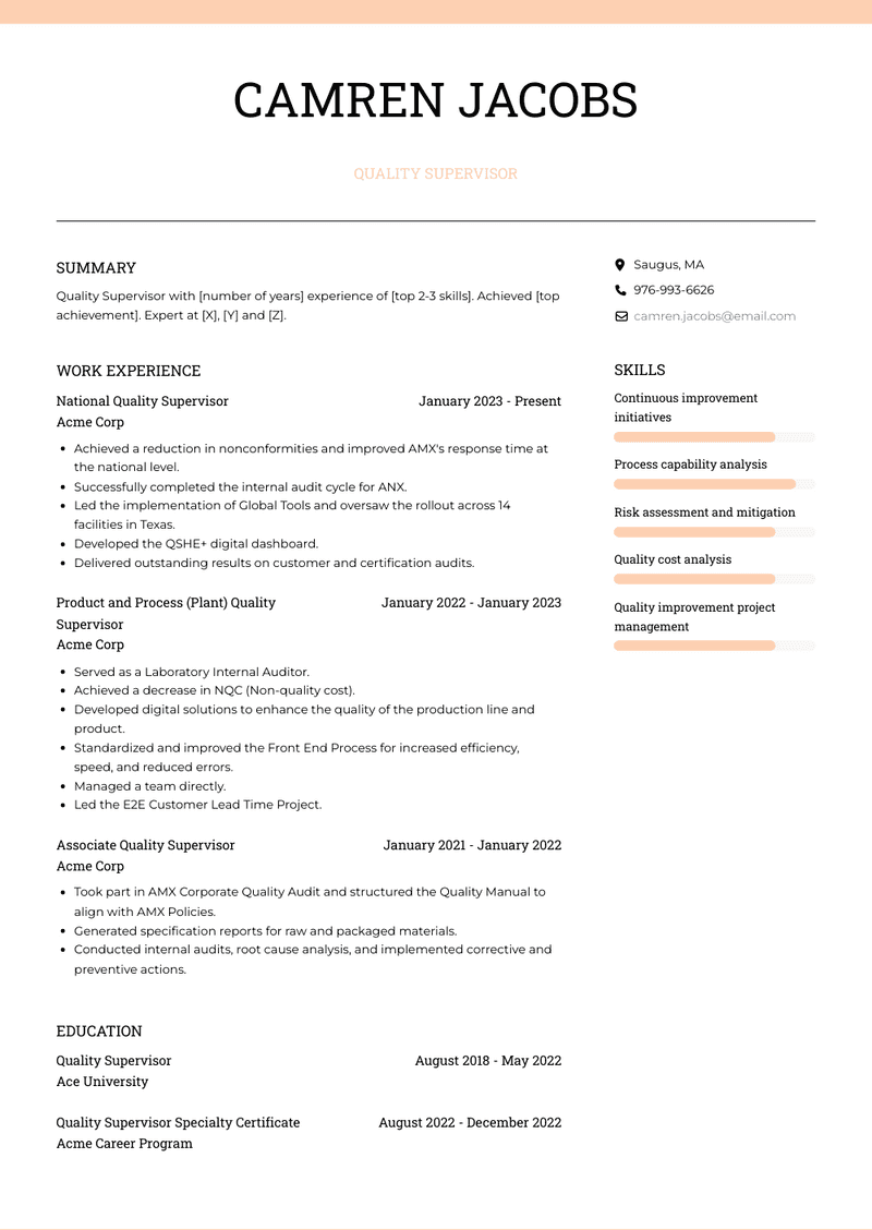 Quality Supervisor Resume Sample and Template