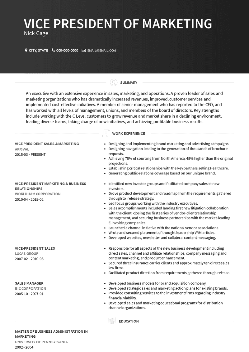 Vice President Sales and Marketing Resume Sample and Template