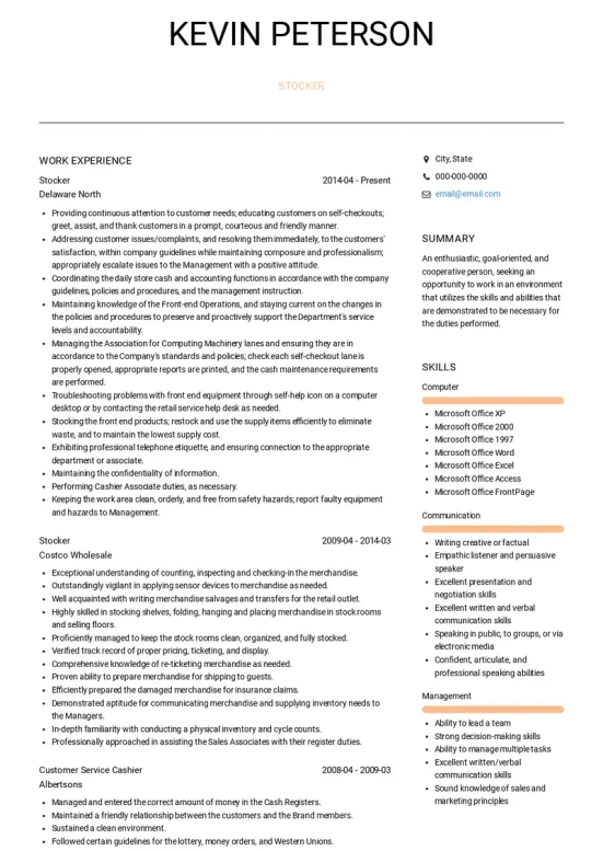 Stocker Resume Objective Examples