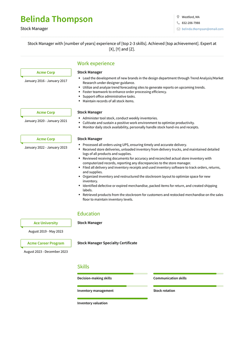 Stock Manager Resume Sample and Template
