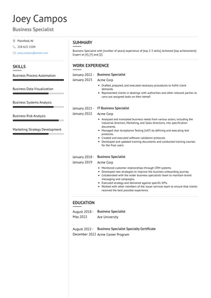Business Specialist Resume Sample and Template