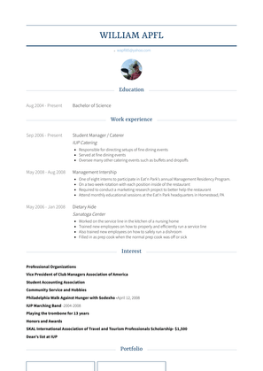 Student Manager / Caterer Resume Sample and Template