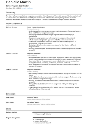 Senior Program Coordinator Resume Sample and Template