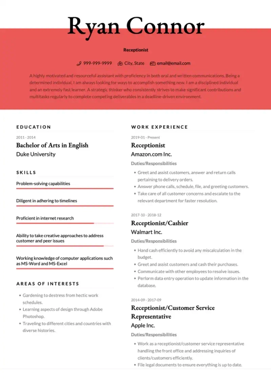 resume summary examples for receptionist
