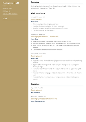 Booking Agent Resume Sample and Template