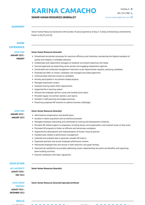 Senior Human Resources Generalist Resume Sample and Template