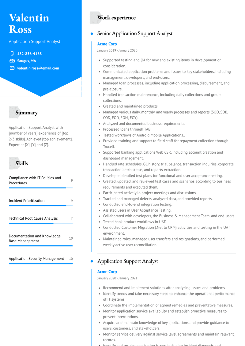 Application Support Analyst Resume Sample and Template
