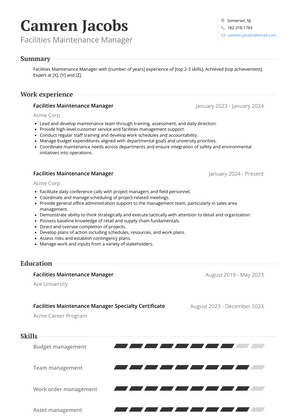 Facilities Maintenance Manager Resume Sample and Template