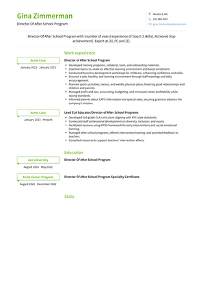 Director Of After School Program Resume Sample and Template