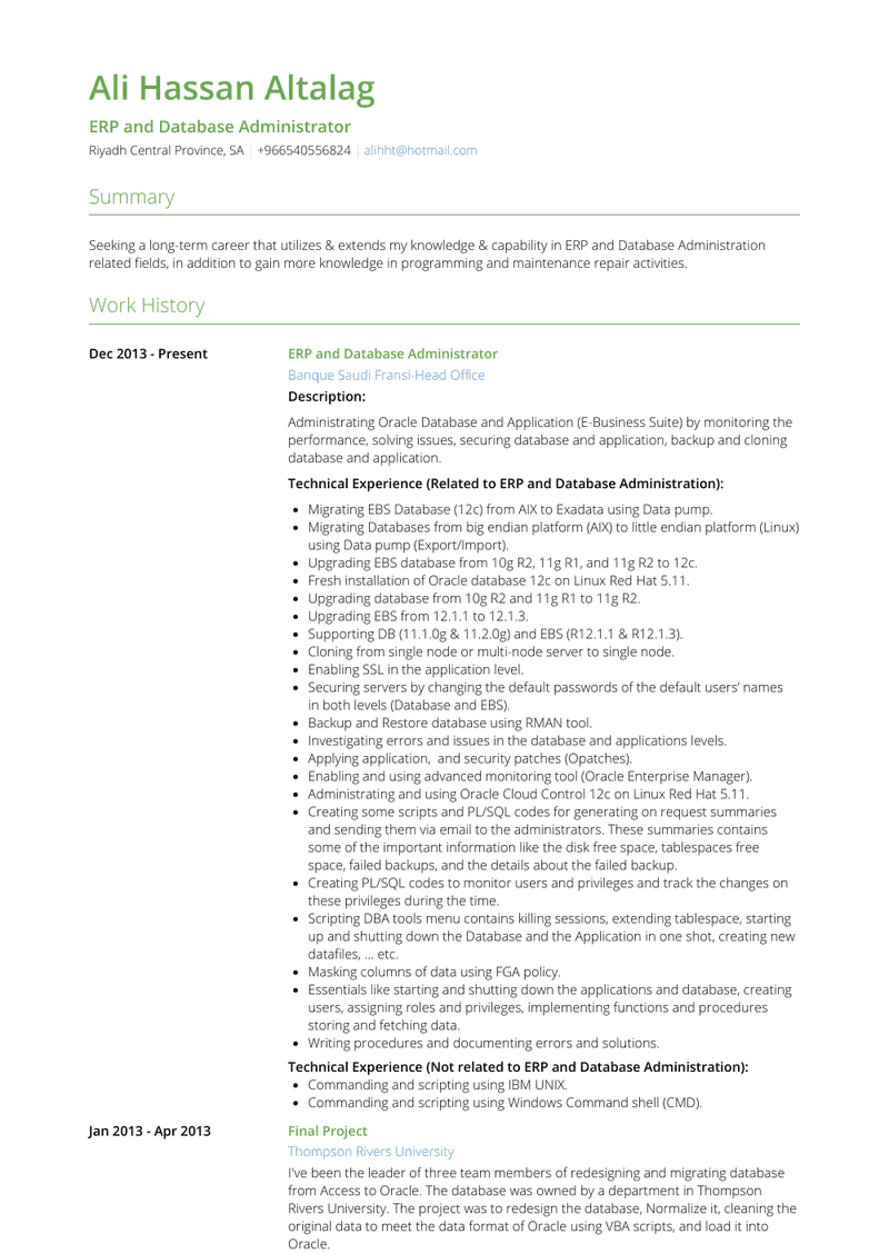 Deputy Manager And (Erp And Database Administrator) Resume Sample and Template