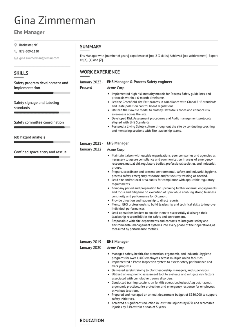 Ehs Manager Resume Sample and Template