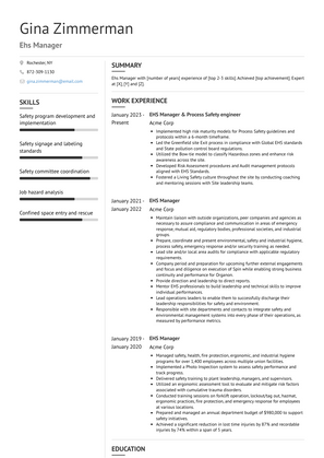 Ehs Manager Resume Sample and Template