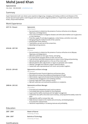 Optometrist Resume Sample and Template