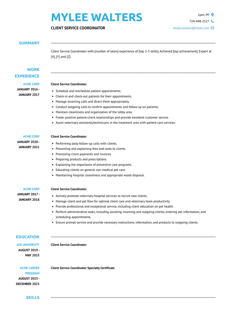 Client Service Coordinator Resume Sample and Template