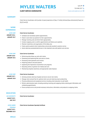 Client Service Coordinator Resume Sample and Template