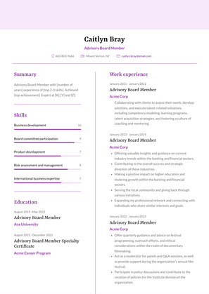 Advisory Board Member Resume Sample and Template