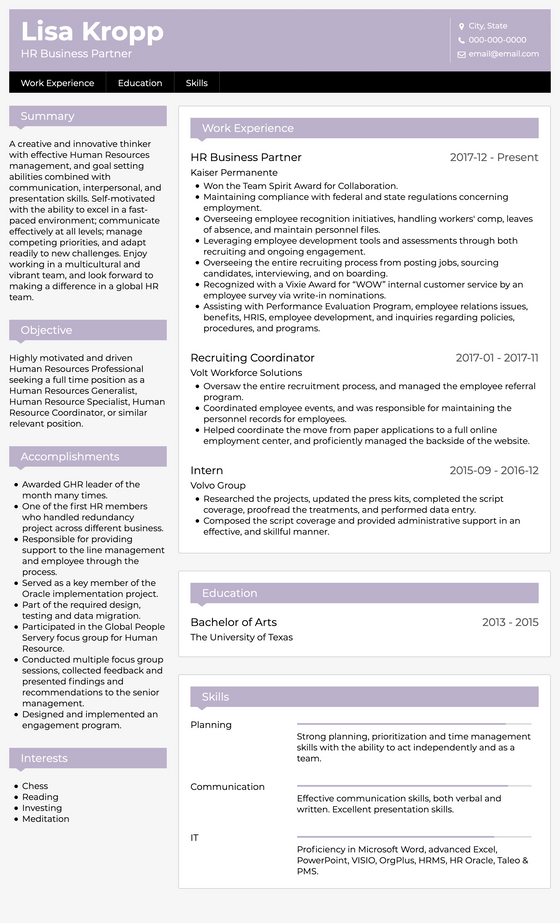 Professional CV Template and Example - Oak by VisualCV	