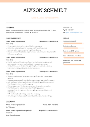 Patient Access Representative Resume Sample and Template