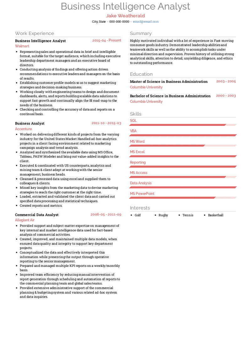 Business Intelligence Analyst Resume Sample and Template