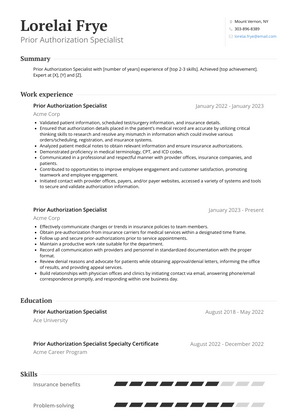 Prior Authorization Specialist Resume Sample and Template