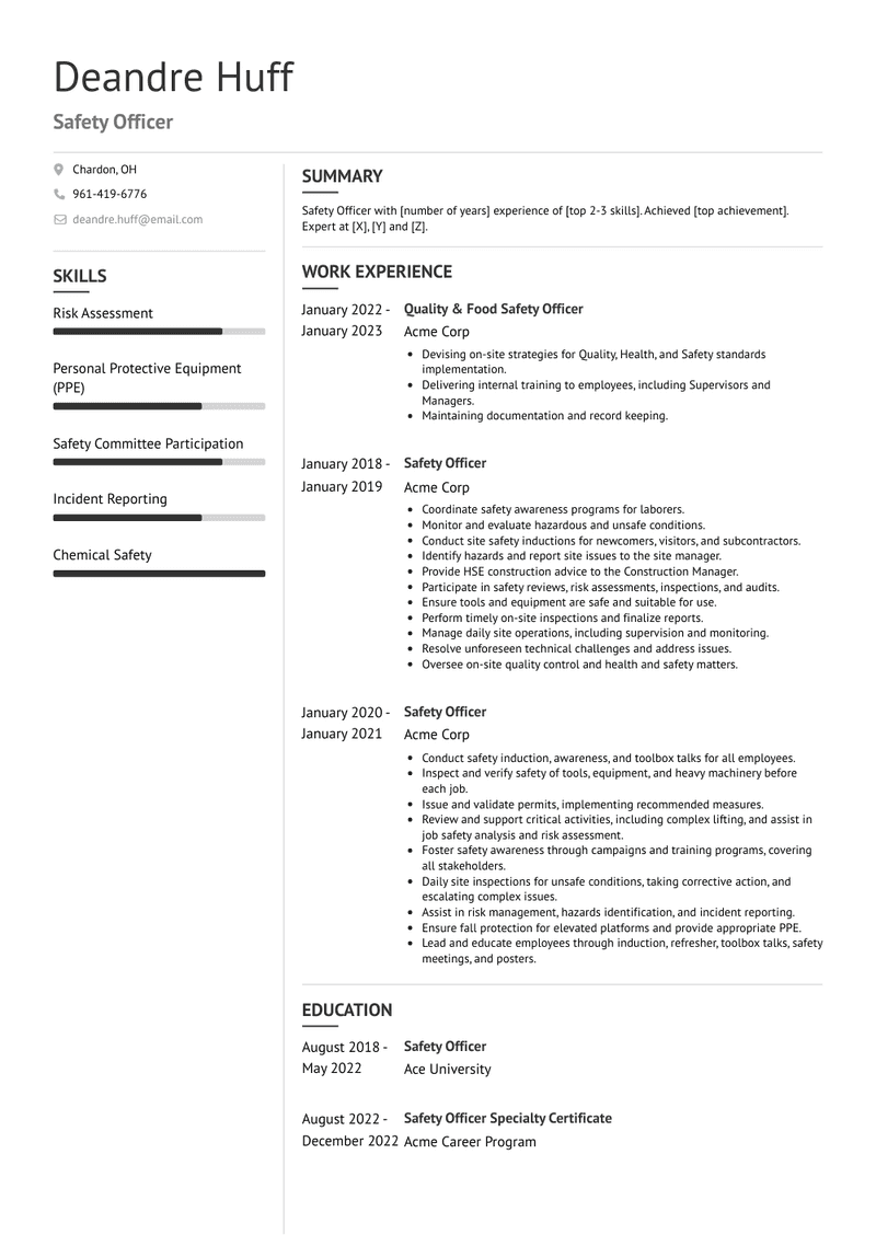 Safety Officer Resume Sample and Template