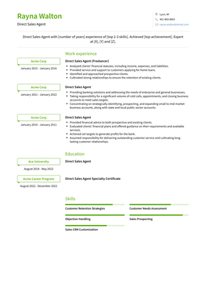 Direct Sales Agent Resume Sample and Template