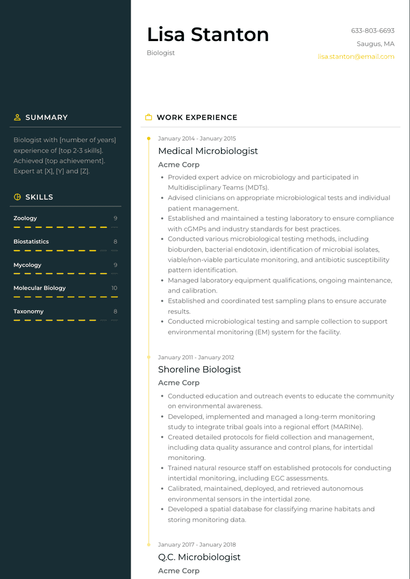 Biologist Resume Sample and Template